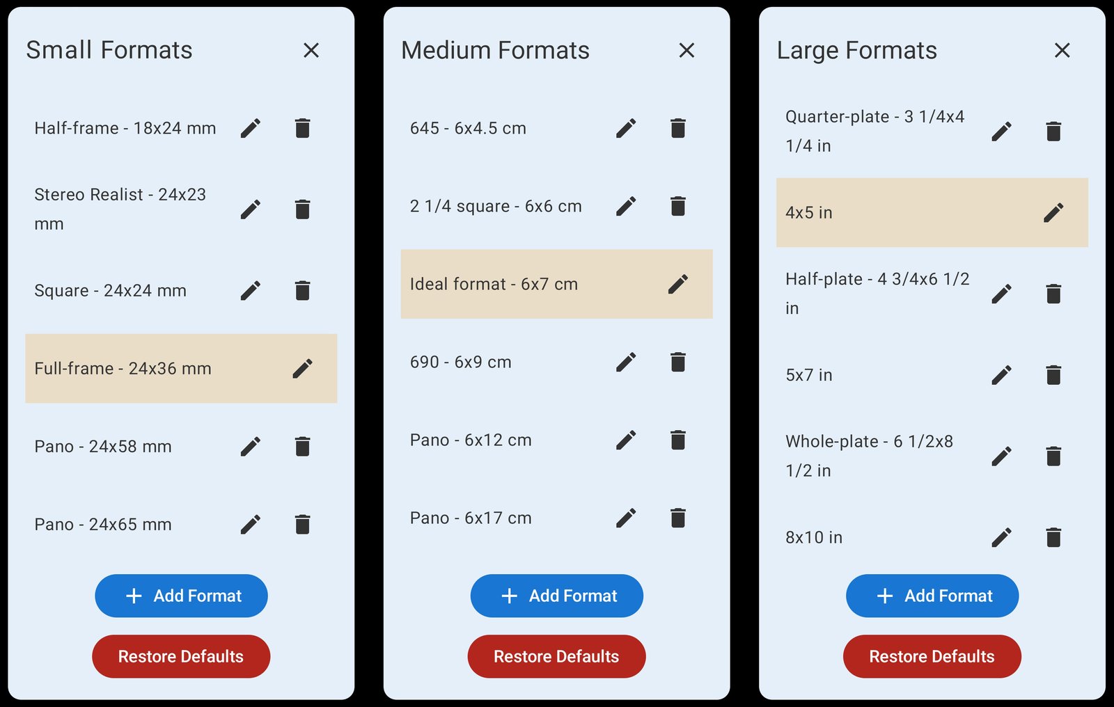 FinderView format selector screens.