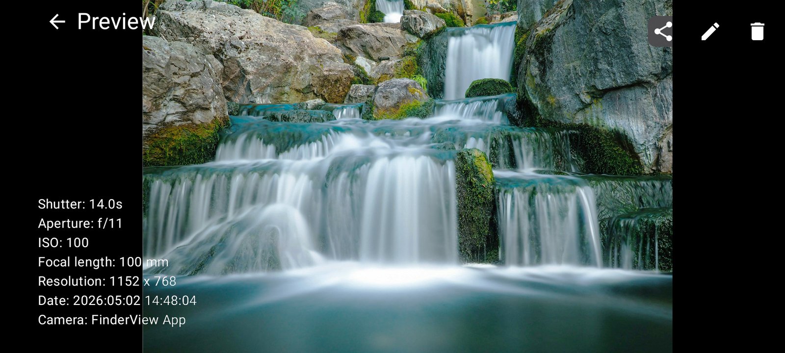 FinderView long exposure preview showing waterfall motion blur.